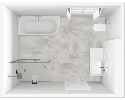 Aufsicht eines hellen Badezimmers mit Badewanne, Dusche, Waschtisch und Toilette