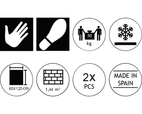 Symbolbilder zur Produkteigenschaften: Berührungsempfindlich, Trittsicher, Belastbarkeit bis zu 30 kg, Frostbeständig, Fliesengröße 60x120 cm, Flächeninhalt 1,44 m², Zwei Stück pro Packung, Hergestellt in Spanien