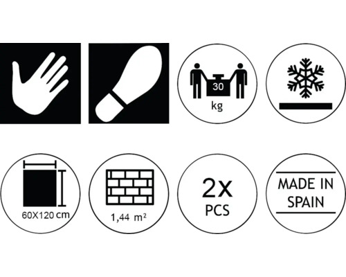 Piktogramme mit Produkteigenschaften: Hand, Trittsicherheit, Gewicht bis 30 kg, Frostbeständigkeit, Fliesengröße 60 x 120 cm, Fläche 1,44 m², zwei Stück, hergestellt in Spanien