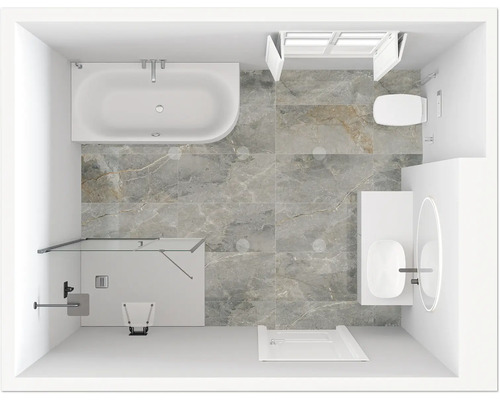 Draufsicht eines Badezimmers mit Badewanne, Dusche, Waschbecken und Toilette