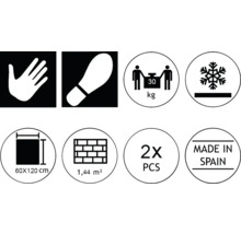 Piktogramme mit Produkteigenschaften: Hand, Fussabdruck, Gewicht bis 30 Kilogramm, Frostbeständigkeit, 60x120 Zentimeter, 1,44 Quadratmeter, 2 Stück, Hergestellt in Spanien