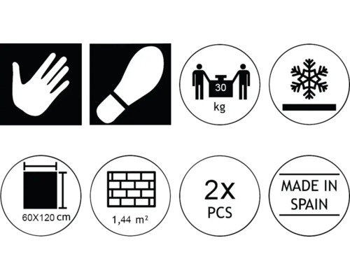 Piktogramme mit Produkteigenschaften: Hand, Fussabdruck, Gewicht bis 30 Kilogramm, Frostbeständigkeit, 60x120 Zentimeter, 1,44 Quadratmeter, 2 Stück, Hergestellt in Spanien