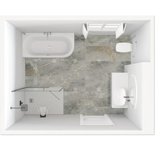 Draufsicht eines Badezimmers mit Badewanne, Dusche, Waschbecken und Toilette