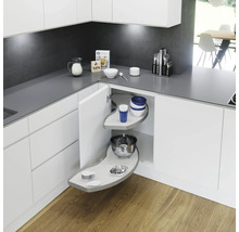 Coin cuisine avec plateau pivotant coulissant pour meubles d''angle, équipé de vaisselle et d''ustensiles de cuisine pour une utilisation optimale de l''espace.