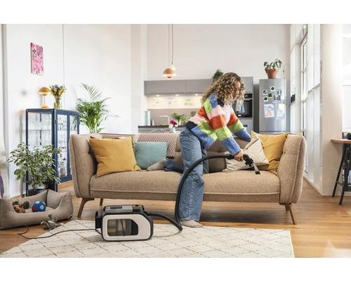 Femme nettoie un canapé avec un injecteur-extracteur dans un salon lumineux.