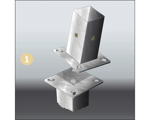 Abbildung einer Montage von zwei silberfarbenen Pfostenträgern mit quadratischen Stahlpfosten