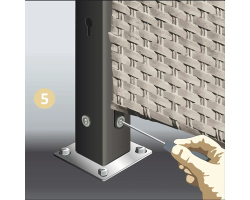 Illustration eines Pavillons, bei dem eine Person eine Schraube mit einem Schraubenzieher festzieht