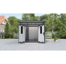 Metall Gerätehaus mit geöffneten Flügeltüren und Gerätehalterung an der Rückwand