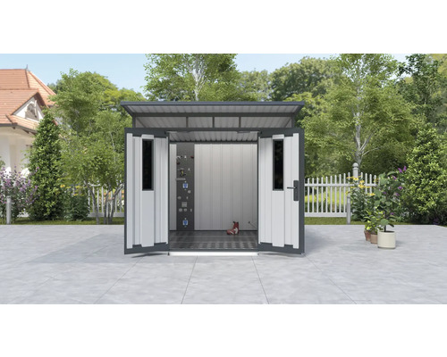 Abri de jardin métallique avec portes à deux battants ouvertes et support à outils sur la paroi arrière