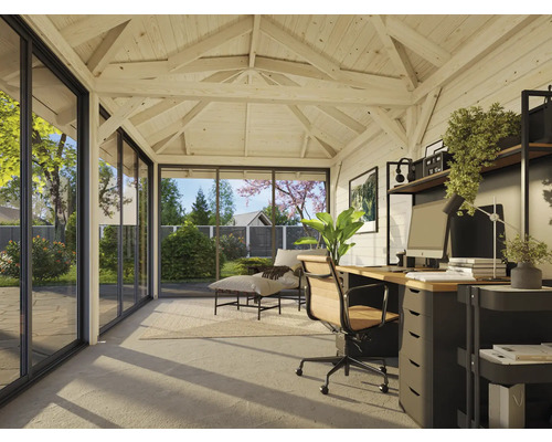 Pavillon de jardin lumineux avec poste de travail, mobilier de bureau et grandes fenêtres