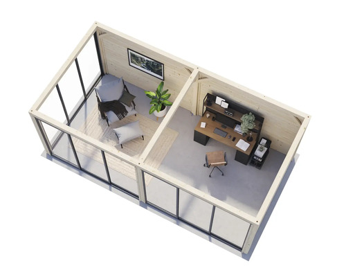 Ansicht von oben eines modernen Gartenhauses mit Büroeinrichtung und Wohnbereich