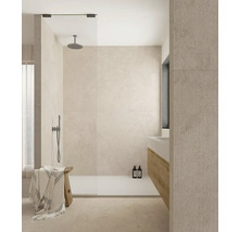 Salle de bains moderne avec douche, lavabo et serviette sur un banc en bois