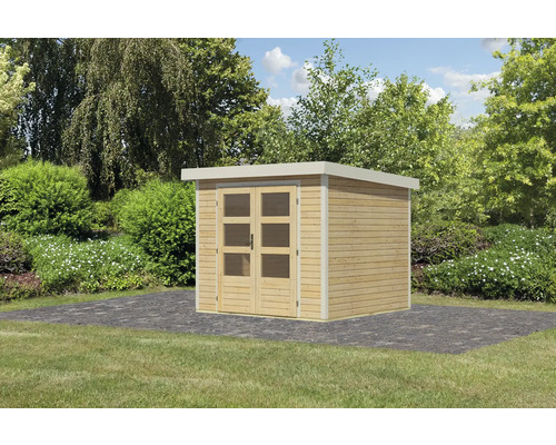 Holzgartenhaus mit Doppeltür und Fenstern im Garten