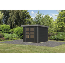 Modernes Gartenhaus mit Doppeltür auf Rasenfläche