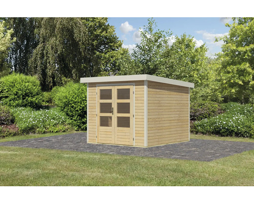 Gartenhaus aus Holz mit Doppeltür und Fenstern im Garten.