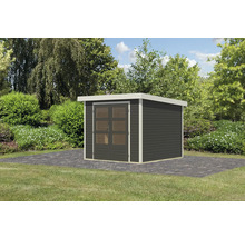 Abri de jardin avec double porte et façade en bois dans le jardin