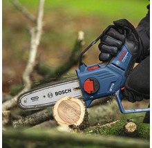 Akku-Kettensäge beim Schneiden eines Baumstammes, Bosch Logo