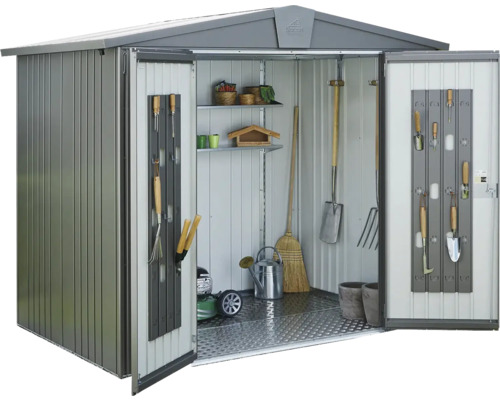 Abri de jardin ouvert avec outils de jardin et étagères