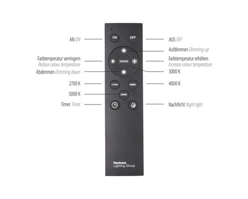 Télécommande pour éclairage avec boutons pour contrôler la luminosité, la température de couleur, la minuterie et la fonction de veilleuse