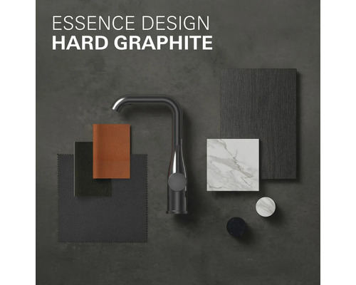 Robinet de cuisine avec échantillons de matériaux et surfaces dans les tons gris