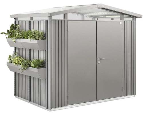 Metall Gerätehaus mit Pflanzkästen und Doppeltür