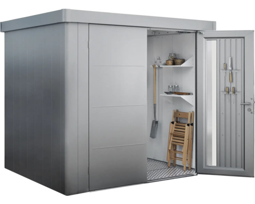 Armoire de jardin en métal avec porte coulissante et étagères