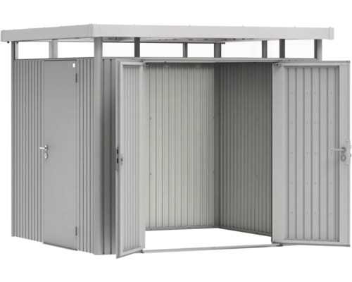 Abri de jardin métallique avec deux portes et une entrée latérale.