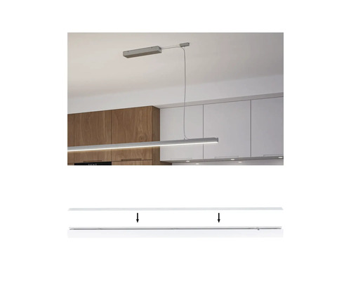 Abgehängte LED-Leuchte im Küchenbereich mit Montageanleitung.