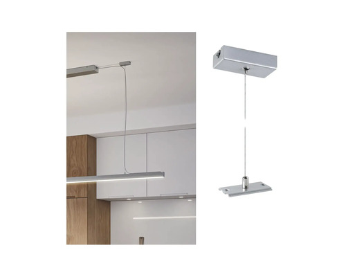 LED-Hängeleuchte in einer Küche und Detailansicht der Aufhängung