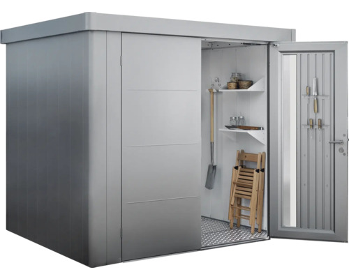 Metall Gerätehaus mit Schiebetür und Regalen