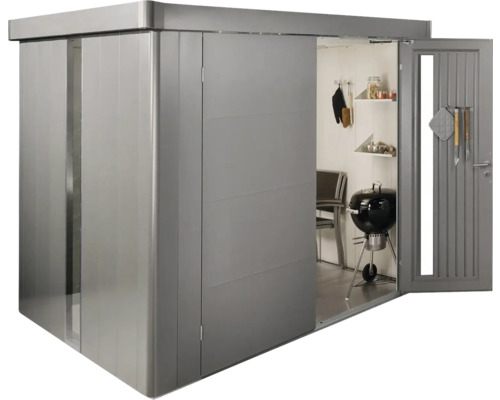 Abri de jardin avec porte coulissante et porte ouverte avec barbecue et étagères