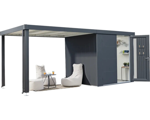 Scène avec pavillon comprenant remise, poufs et table pour l''extérieur