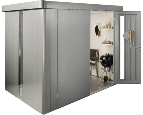 Modernes Gerätehaus mit Schiebetür und geöffneter Tür mit Grill im Inneren