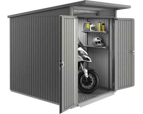 Metall Gerätehaus mit Motorrad, Regalen, Motoröl und Helm