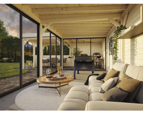 Terrasse couverte avec poutres en bois, sièges et barbecue