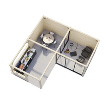 Image d''un abri de jardin avec trois pièces : cuisine avec barbecue, salle à manger et salle de musique