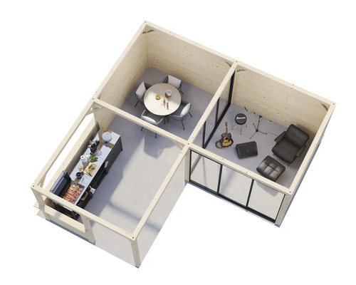 Image d''un abri de jardin avec trois pièces : cuisine avec barbecue, salle à manger et salle de musique