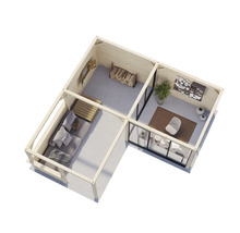 Vue de dessus de la maison de jardin avec meubles et décorations en bois