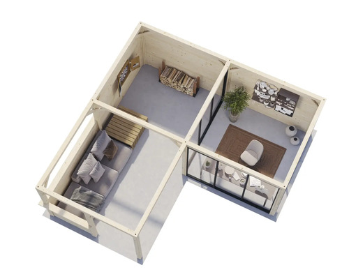 Vue d''une maison en bois avec salon et bureau