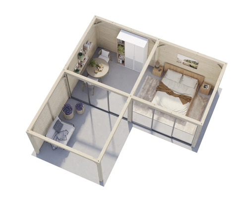 Vue intérieure d''une maison de jardin moderne avec chambre, salon et salle à manger.