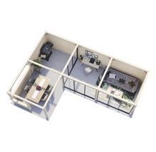 Vue d''une maison de jardin avec barbecue, table à manger, bureau et canapé.