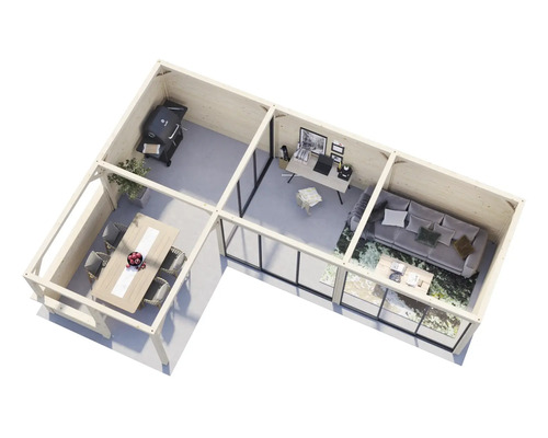 Visualisation d''un abri de jardin en bois avec salon, salle à manger, espace barbecue et bureau