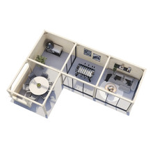 Vue de dessus d''une maison de jardin modulaire avec barbecue, table à manger, baby-foot et coin salon