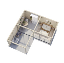 Vue intérieure d''une maison de jardin avec salon, salle à manger et chambre à coucher