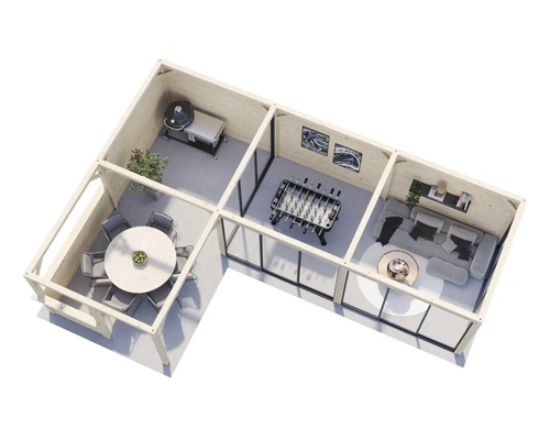 Vue de dessus d''une maison de jardin en bois avec barbecue, table à manger, baby-foot et coin salon.