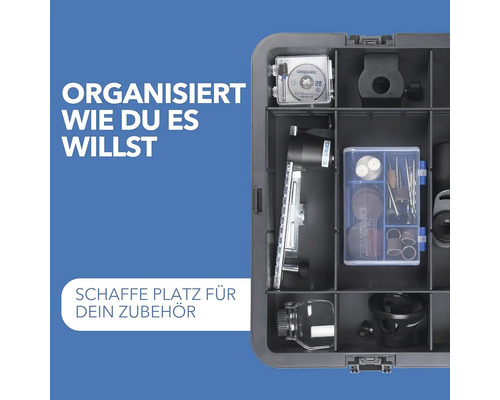 Geöffnete graue Aufbewahrungsbox mit verschiedenen Werkzeugen und Zubehör