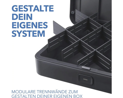 Offene Werkzeugbox mit modularen Trennwänden zur individuellen Gestaltung