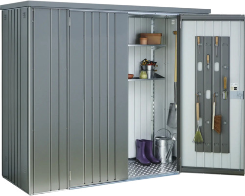Metall Gerätehaus mit Schiebetür und Gartengeräten