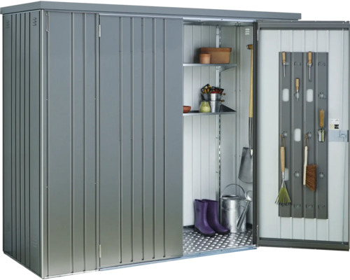Metall Gerätehaus mit Schiebetür, Regalen und Gartengeräten