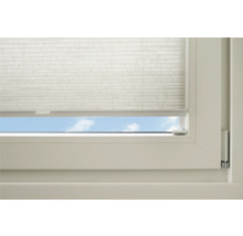 Detailansicht eines Fensters mit montiertem Plissee-Rollo zur Fensterdekoration und zum Sonnenschutz